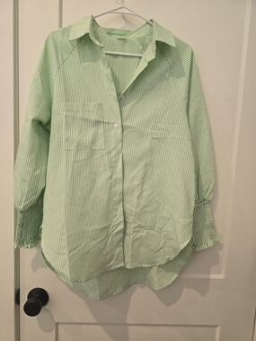 Light Green Striped Button-Up Blouse